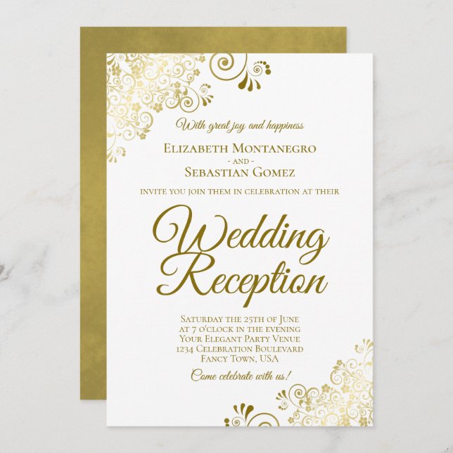 Invitación Adornos Dorados en Recepción de Boda Blanca Elegan (Anverso / Reverso)