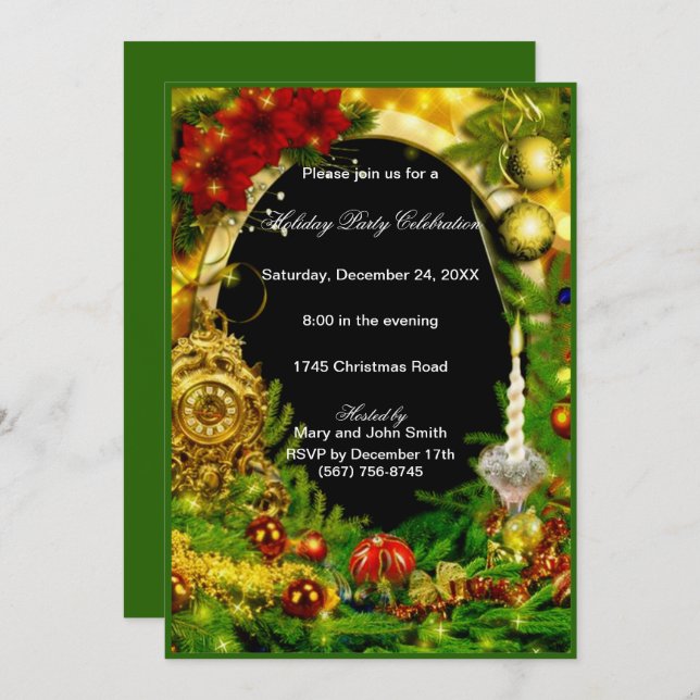 Invitación Adornos Dorados Pino Verde Fiesta de Navidad (Anverso / Reverso)