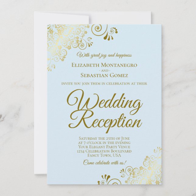 Invitación Adornos Dorados y Elegante Recepción de Boda Azul  (Anverso)