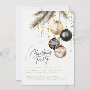 Invitación Adornos dorados y negros Bolas de Navidad
