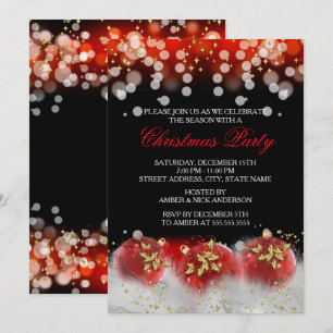 Invitación Adornos Festivos de Oro Rojo Fiesta de Navidad