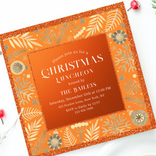 Invitación Adornos Naranja de Brillo para Almuerzo de Navidad