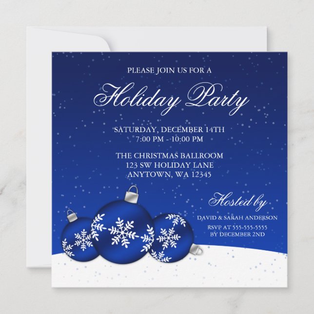 Invitación Adornos Navideños Azules y Blancos Fiesta Navideña (Anverso)