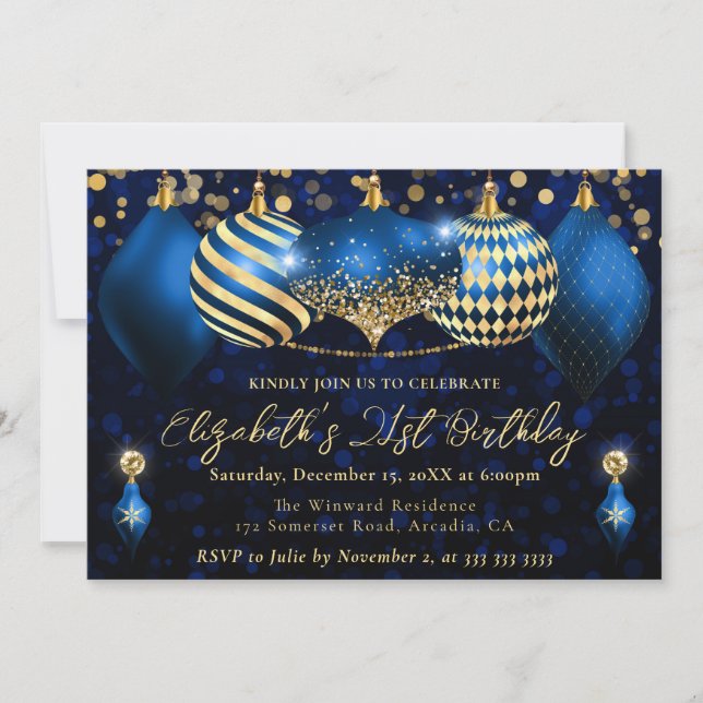 Invitación Adornos Navideños de Azul y Dorado Cumpleaños 21 (Anverso)