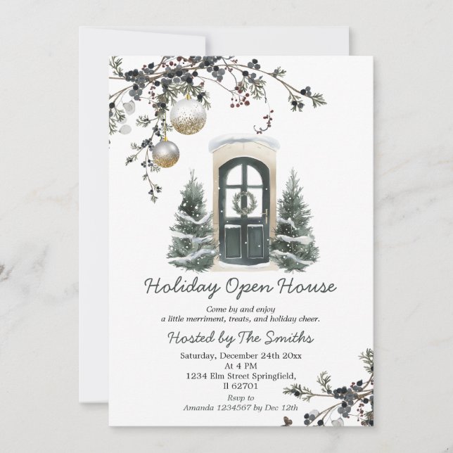 Invitación Adornos Navideños de Navidad Verde Invernal Casa A (Anverso)