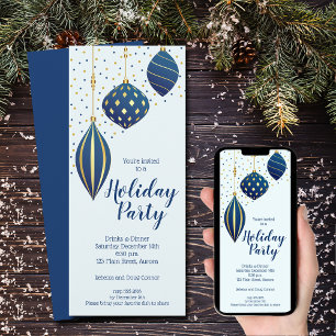 Invitación Adornos Navideños de Oro Azul Fiesta