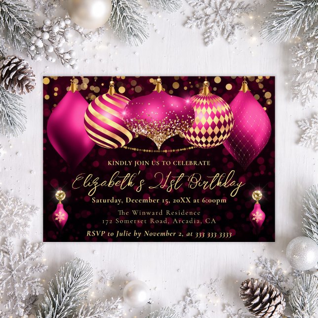 Invitación Adornos Navideños de Oro Rosa Cumpleaños 21 (Subido por el creador)
