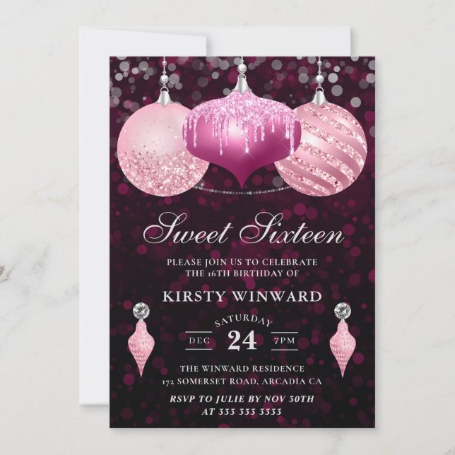 Invitación Adornos Navideños de Purpurina Rosa Cumple Diecisé (Anverso)