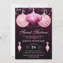 Invitación Adornos Navideños de Purpurina Rosa Cumple Diecisé