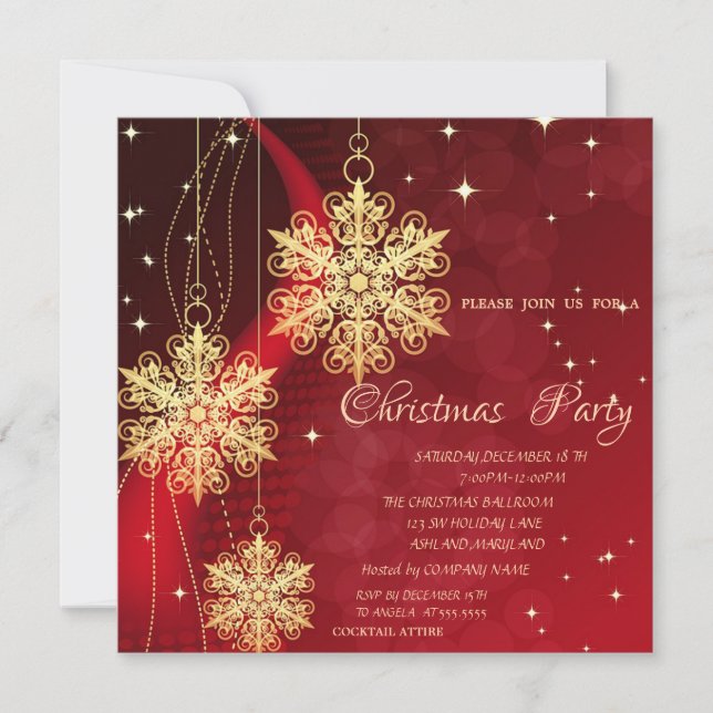 Invitación Adornos Navideños Dorados, Rojo Corporativo (Anverso)