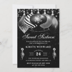 Invitación Adornos Navideños Elegantes de Blanco y Negro para