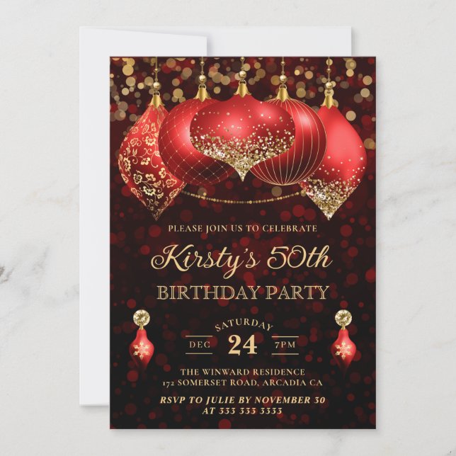 Invitación Adornos Navideños Elegantes Rojo y Dorado Cumpleañ (Anverso)