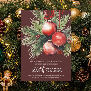 Invitación Adornos navideños pintados a mano en burgundy para
