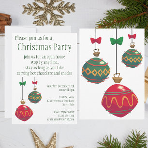 Invitación Adornos Navideños Retro Rojo y Verde