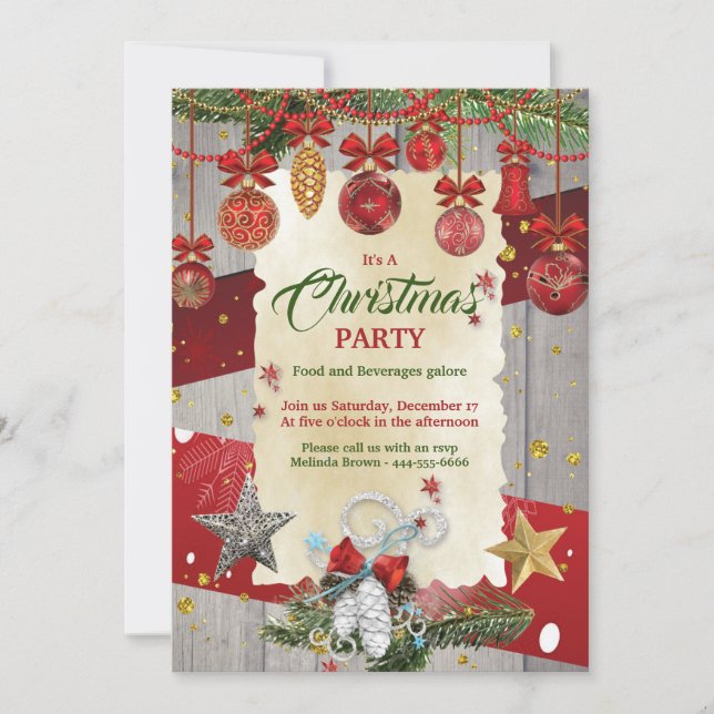 Invitación Adornos Navideños Rojos Fiesta de Navidad (Anverso)