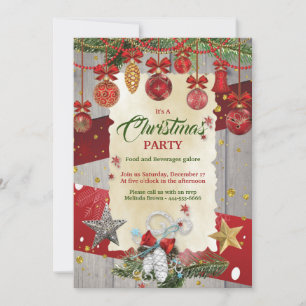 Invitación Adornos Navideños Rojos Fiesta de Navidad