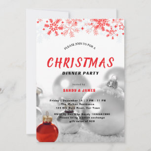 Invitación adornos navideños rojos plateados para cena de Nav