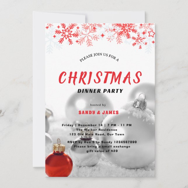 Invitación adornos navideños rojos plateados para cena de Nav (Anverso)