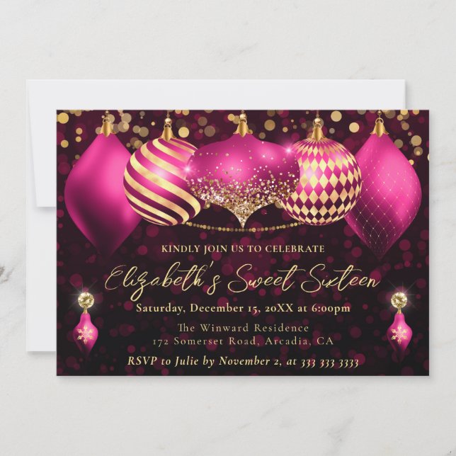Invitación Adornos Navideños Rosa y Dorado Cumpleaños Dulces  (Anverso)