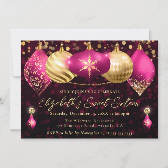 Invitación Adornos Navideños Rosa y Dorado Cumpleaños Dulces  (Anverso)