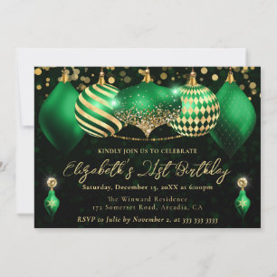 Invitación Adornos Navideños Verdes y Dorados Cumpleaños 21