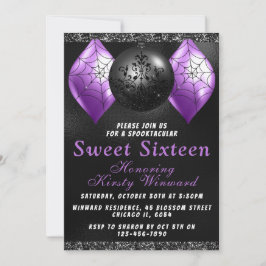 Invitación Adornos Negros Morados de Halloween Sweet 16