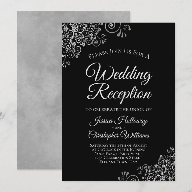 Invitación Adornos plateados en elegante recepción de boda ne (Anverso / Reverso)