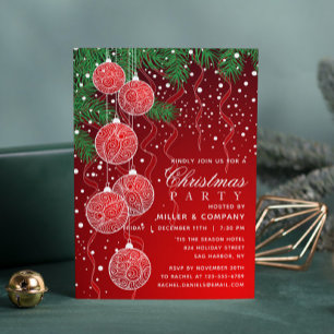 Invitación Adornos plateados rojos Fiesta de Navidad Corporat