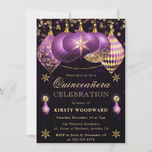 Invitación Adornos Quinceañera de Purpurina Dorada y Morada