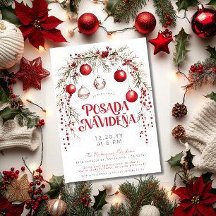 Invitación Adornos Rojos Festivos de Posada Navideña Mexicana