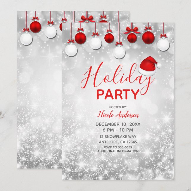 Invitación Adornos rojos y blancos con brillo para fiesta nav (Anverso / Reverso)