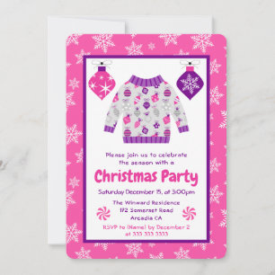 Invitación Adornos Rosa Púrpura Suéter Feo Fiesta de Navidad