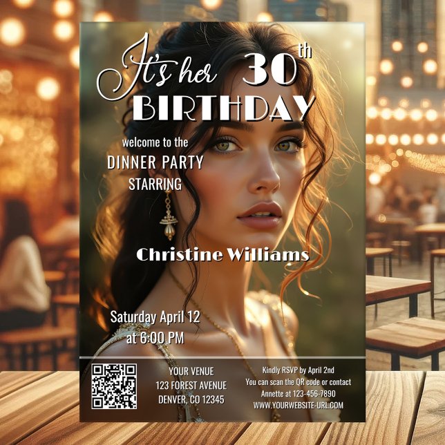 Invitación Adult Magazine Cover Stylish Birthday (Adult birthday party invitation in magazine cover style with custom photo and QR code template)