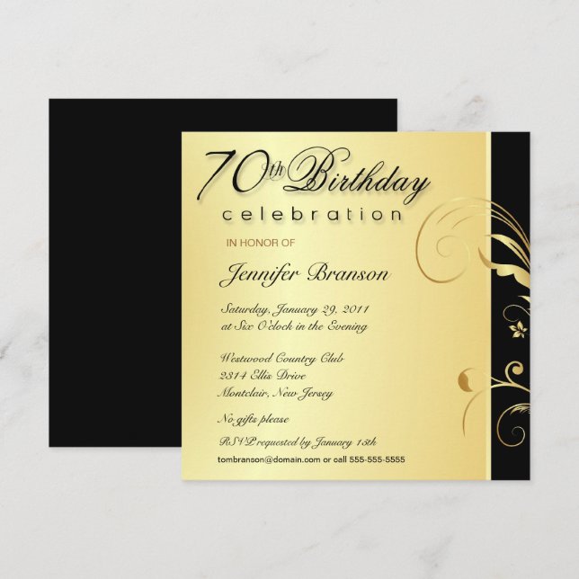 Invitación Adulto 70 cumpleaños - Elegante floral de oro invi (Anverso / Reverso)