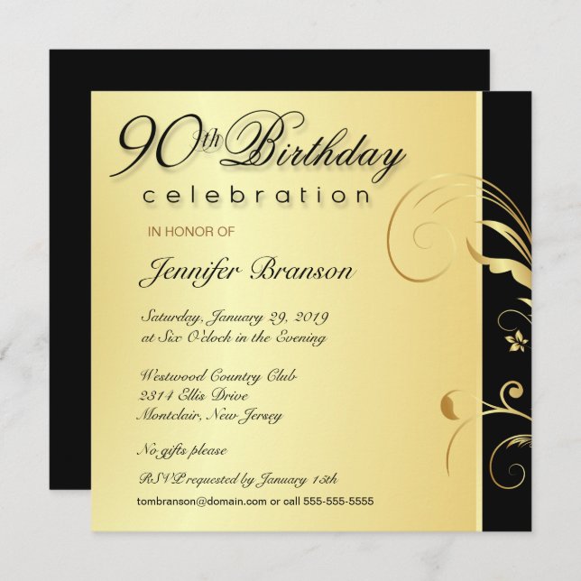 Invitación Adulto 90º cumpleaños - Elegant Gold Floral invita (Anverso / Reverso)