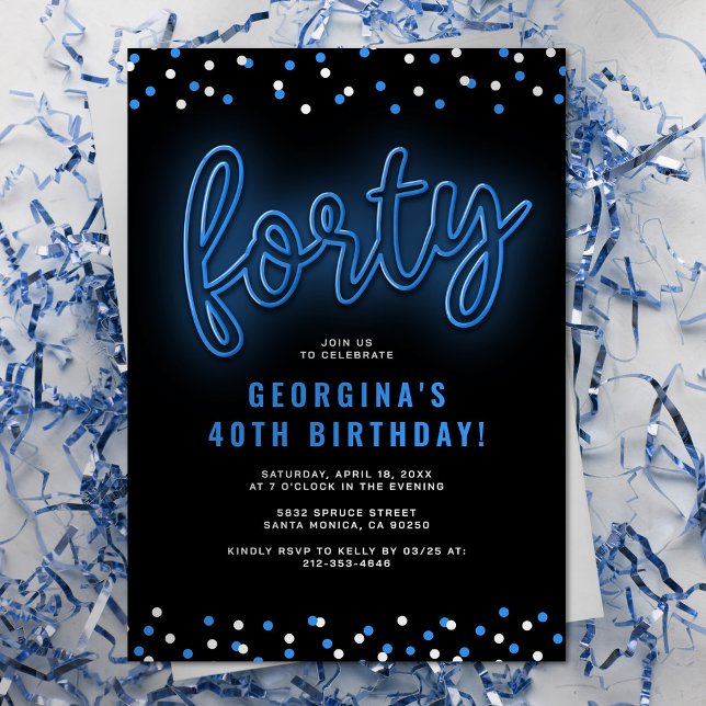 Invitación Adulto Blue Neon 40.º Fiesta de cumpleaños (Subido por el creador)