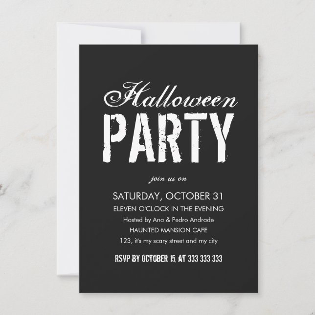Invitación Adulto con guion blanco negro de la fiesta de Hall (Anverso)