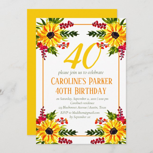 Invitación Adulto Floral Amarillo 40 cumpleaños (Anverso / Reverso)