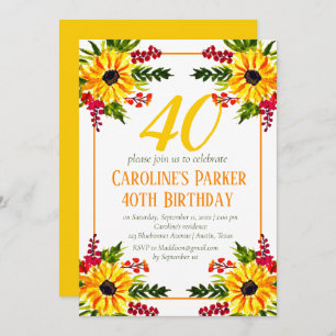 Invitación Adulto Floral Amarillo 40 cumpleaños