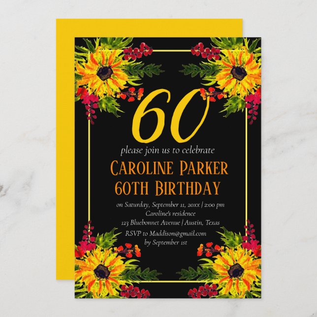 Invitación Adulto Floral Amarillo Amarillo 60 cumpleaños (Anverso / Reverso)