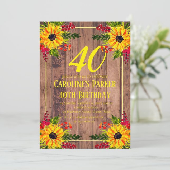 Invitación Adulto Floral de Madera de Cumpleaños 40 (Anverso de pie)