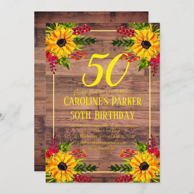 Invitación Adulto Floral de Madera de Cumpleaños 50 (Anverso / Reverso)