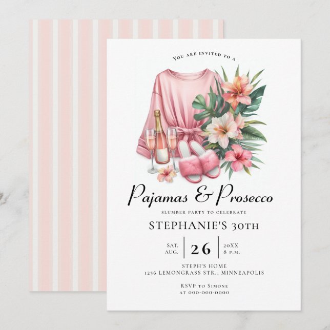 Invitación Adulto Sleepover PJ Prosecco Tropical 30 cumpleaño (Anverso / Reverso)