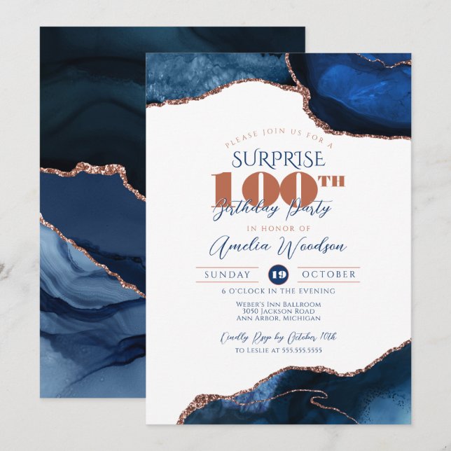 Invitación Adultos 100 años de Navy Blue Elegant Surprise (Anverso / Reverso)