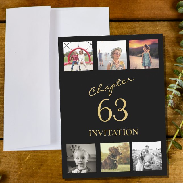 Invitación Adultos 6 Fotografía Negra Y Oro Cualquier Cumplea (Black and gold birthday party invitation for any age. Your favorite 6 photos in a collage template.)