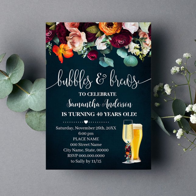 Invitación Adultos Burbujas de cumpleaños y flores de vino az (Subido por el creador)