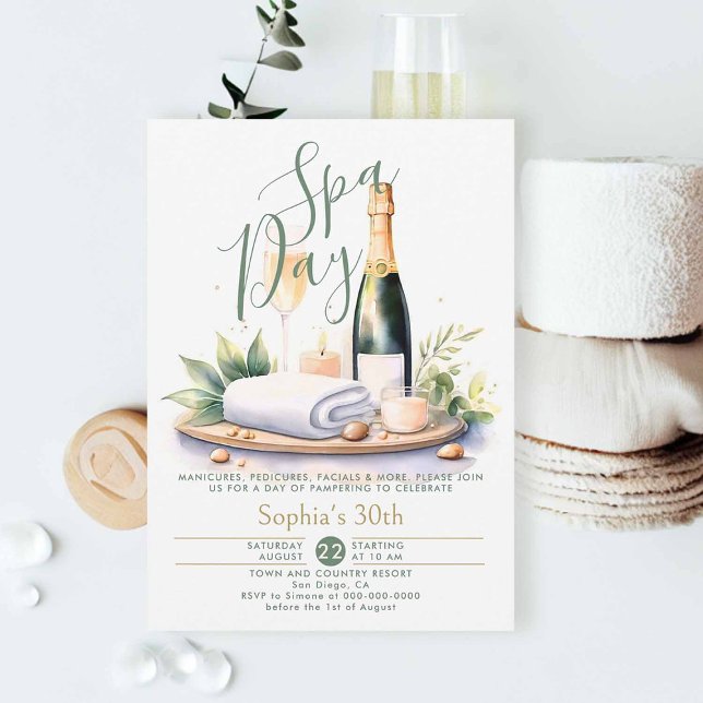 Invitación Adultos Día de Spa Fiesta Acuarela Verde 30 cumple (adult spa party invitation 30th birthday for women elegant watercolor champagne classy modern chic)
