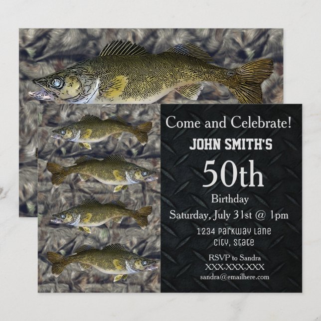Invitación Adultos forzados Walleye Pesca Camo Cumpleaños (Anverso / Reverso)
