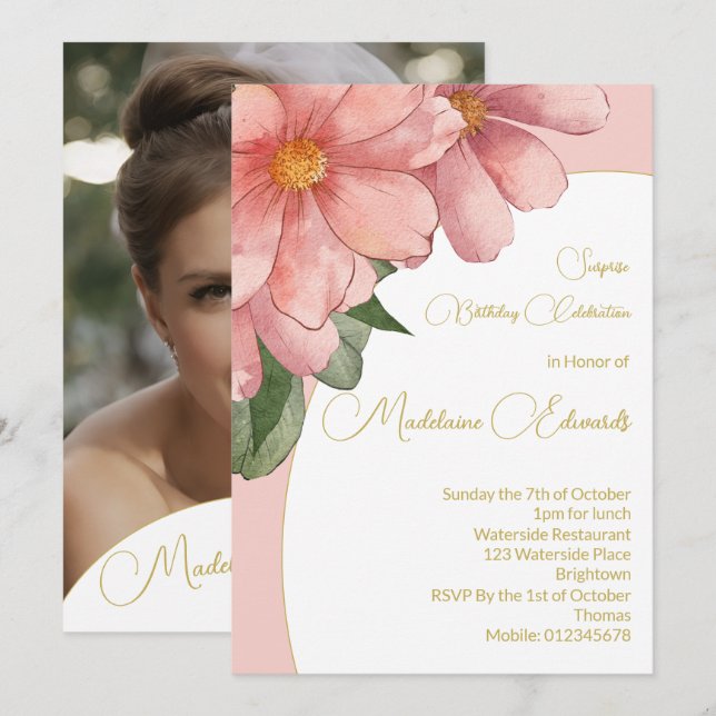 Invitación Adultos Foto De Cumpleaños Oro Rosa Elegante Flora (Anverso / Reverso)