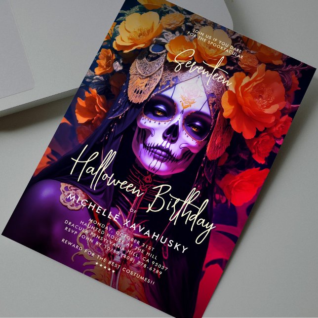 Invitación Adultos góticos Halloween Naranja de cumpleaños La (Gothic Adult Halloween Birthday Orange Lady Skull Invitation
)